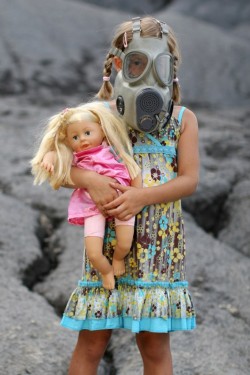 Girl with gas mask.