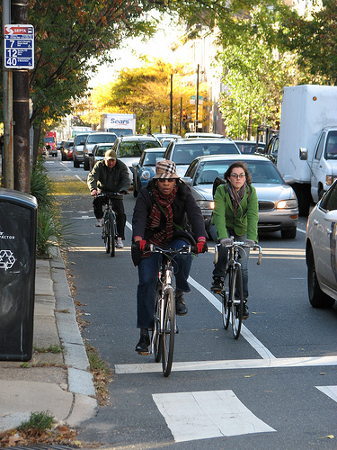People bicycling in Philadelphia.