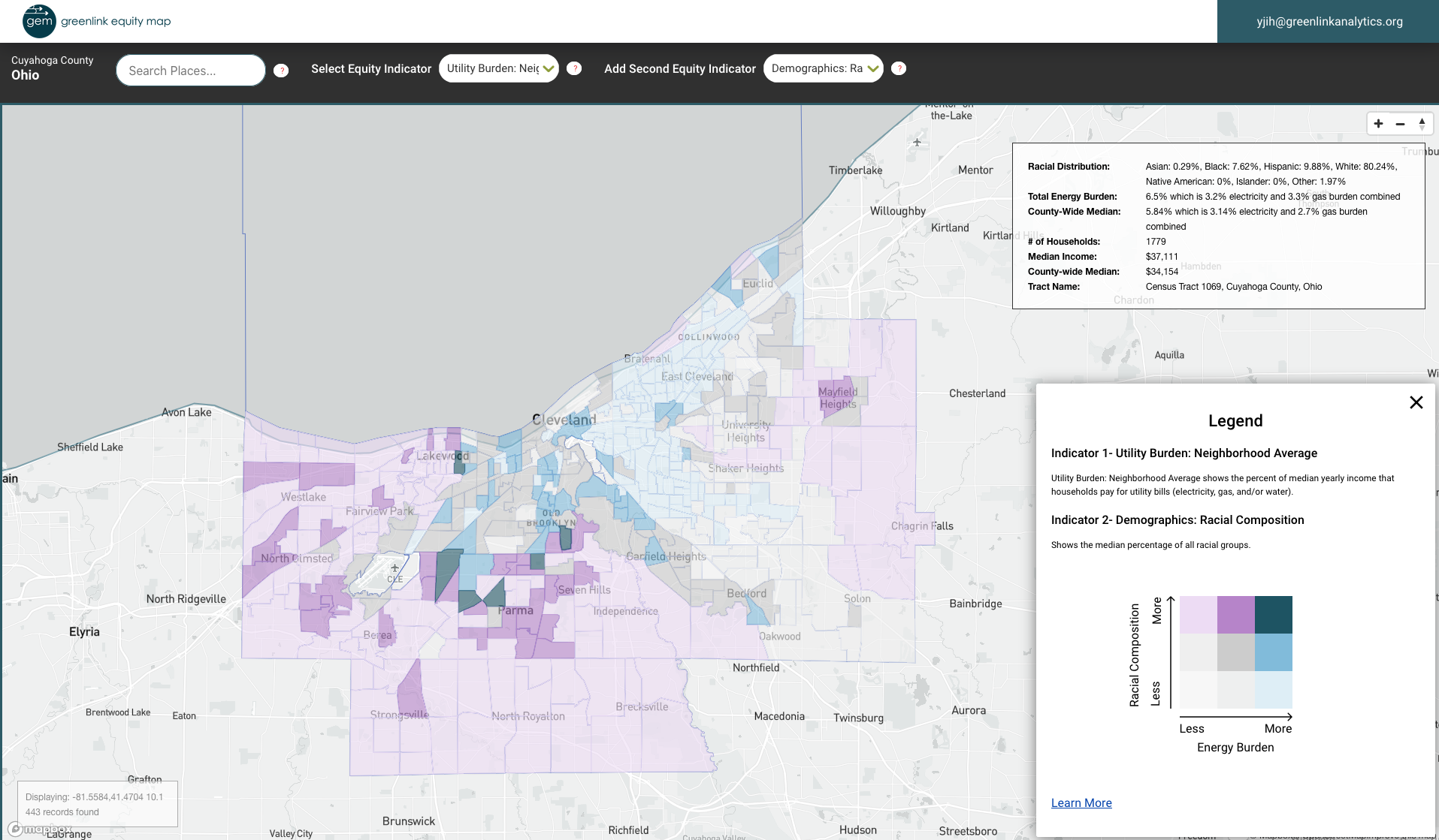 A Greenlink Equity Map showing energy burden in predominantly white communities in Cleveland.