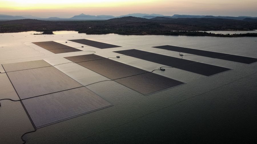 Aerial photo of floating solar panels at a facility in Thailand,