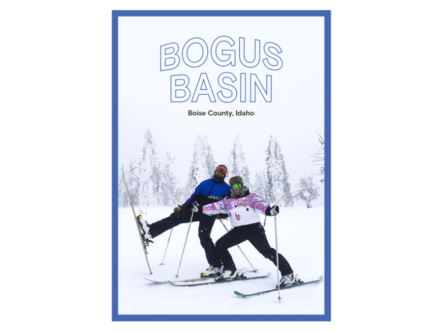 Postcard from Bogus Basin featuring two people wearing skis