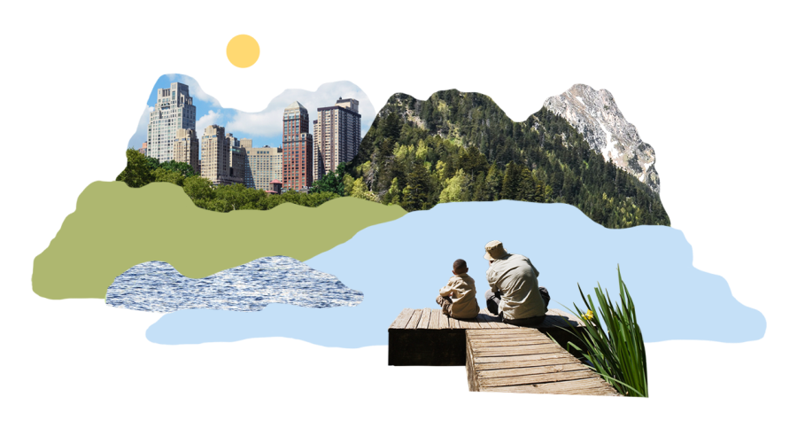 Collage of child and adult sitting on dock, looking out at landscape featuring city skyline and mountain range