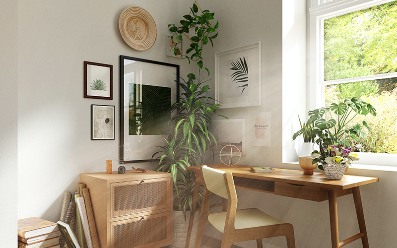Plant-filled desk area in front of window with view of greenery