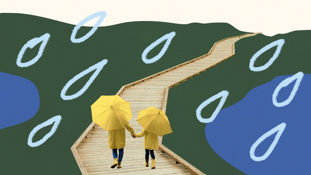 Collage of an adult and child with yellow umbrellas walking along a boardwalk through a wetland park as it rains