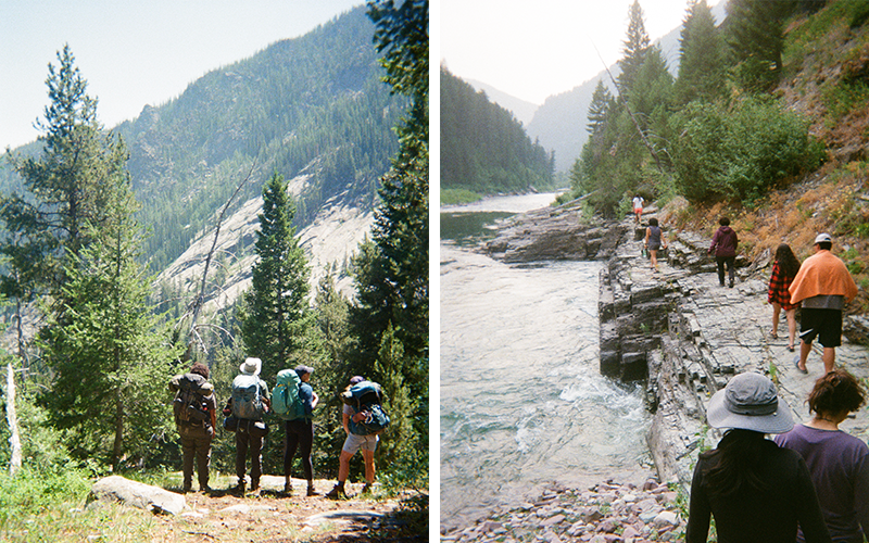 Side-by-side photos of hikers looking up at view of mountain and hikers walking a rocky path along water