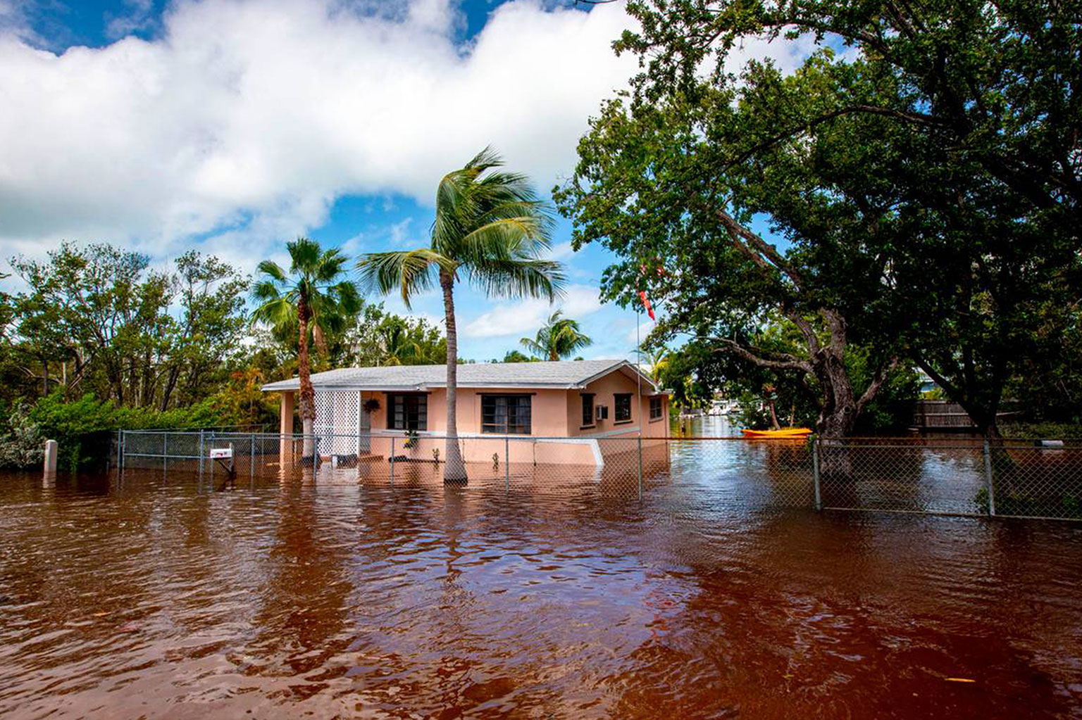 A pink Florida home, with palm trees in its front yard, flooded with water
