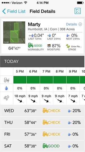 A screenshot of the Climate Basic app from my iPhone in October shows conditions on my family's farm in Iowa.