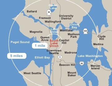 South Lake Union at center of Seattle map