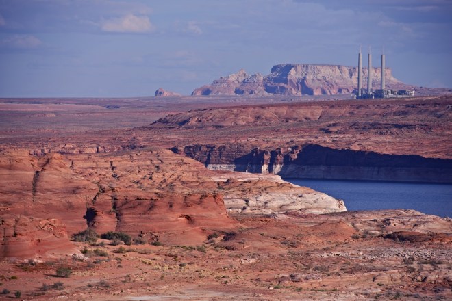 Lake Powell, Ariz., with the Navajo Generating Station in the distance.