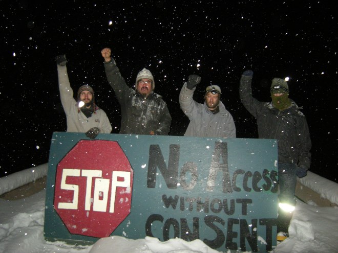Camp members stop surveyors, Nov. 20, 2012.