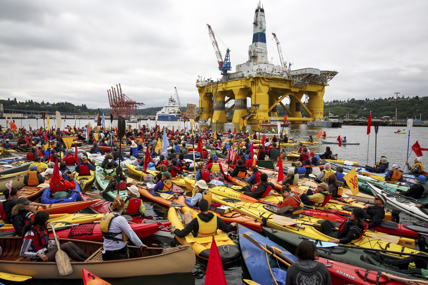 Activists who oppose Royal Dutch Shell’s plans to drill for oil in the Arctic Ocean prepare their kayaks for the “Paddle in Seattle” protest on Saturday, May 16, 2015, in Seattle.