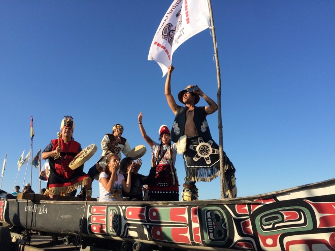 Tlingit artist Doug Chilton and his canoe traveled 2,800 miles from Alaska to North Dakota to take part in this week's three-day canoe journey down the Missouri River to protest the Dakota Access Pipeline. On Tuesday, Chilton and a caravan of Northwest Indian tribes arrived at Red Warrior Camp near Cannon Ball, N.D. to a warm welcome from onlookers.