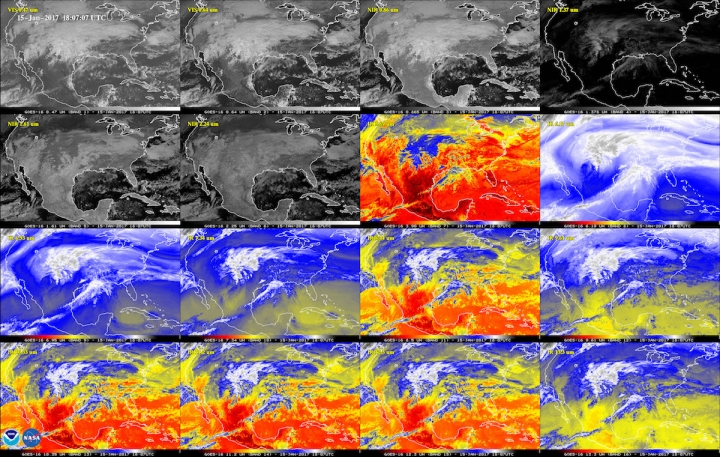 A 16-panel image shows the U.S. in the two visible, four near-infrared, and 10 infrared channels aboard GOES-16. These channels help forecasters distinguish between differences in the atmosphere.