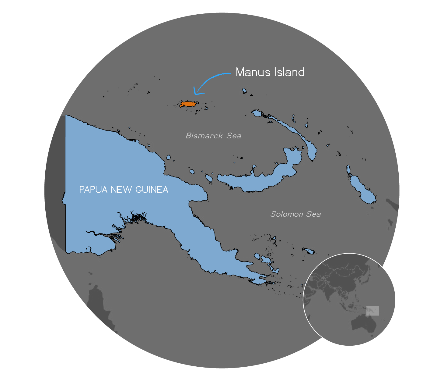 A map showing Papua New Guinea, with Manus Island highlighted to the north.