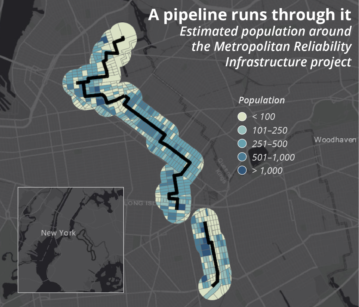 A map showing estimated population around the Metropolitan Reliability Infrastructure pipeline project in Brooklyn, New York. The corridor is densely populated.