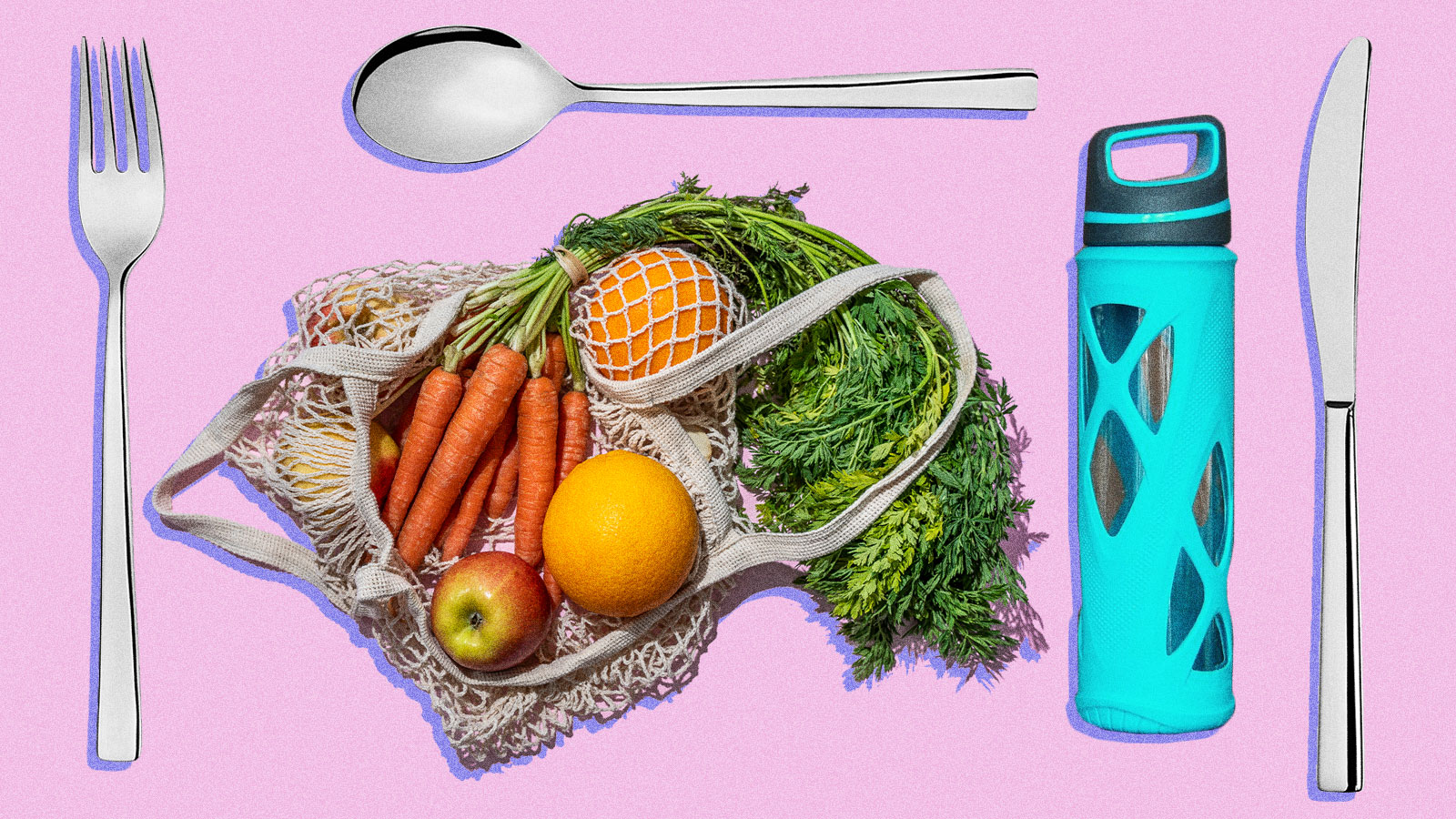 A variety of reusable objects - silverware, a reusable grocery bag, a water bottle - on a pink background