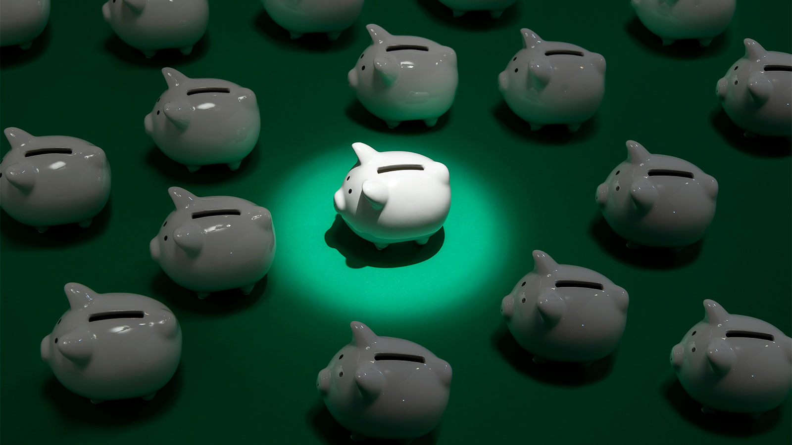 Many small white piggy banks on green surface with one piggy bank being spot lit