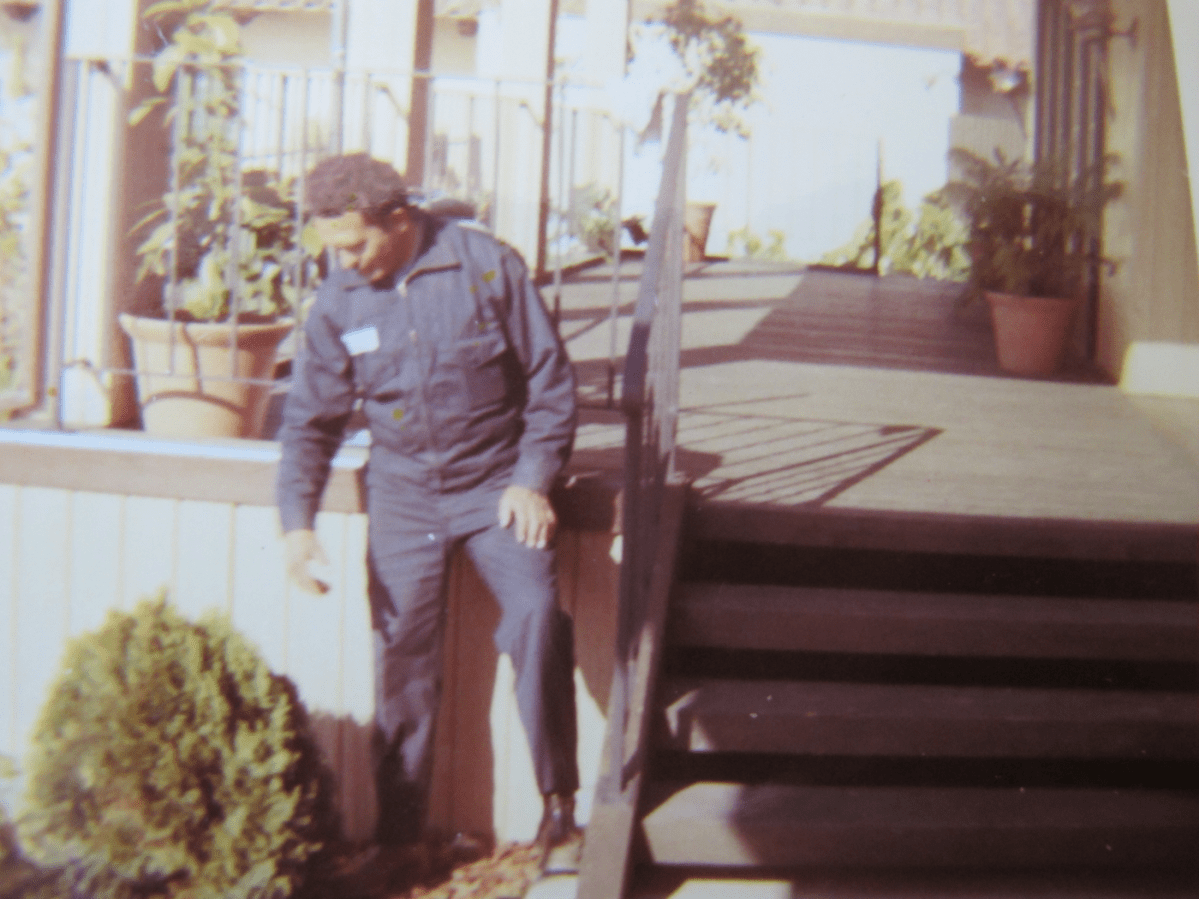 A photo of the author's father when he worked as a gardener in Santa Barbara, California
