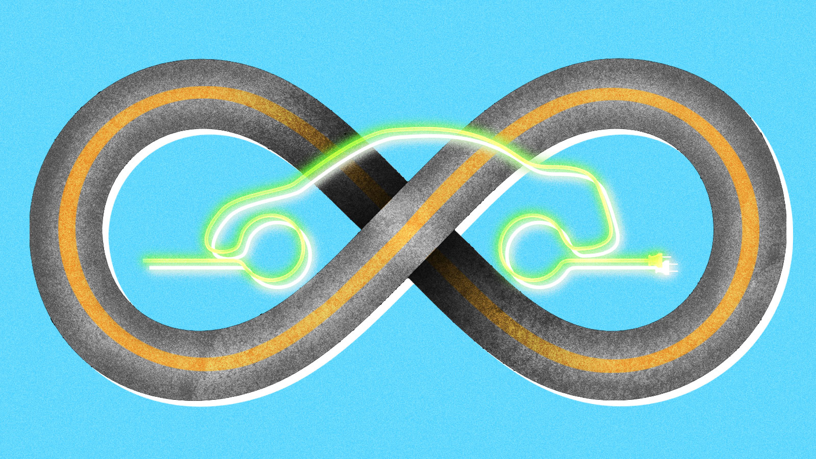 A road in the shape of an infinity symbol with a neon outline of a car with a power cable