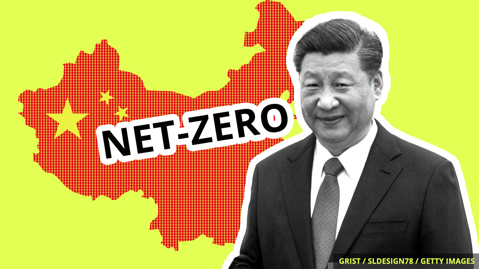 President Xi Jinping stands before a cut-out of China reading "net-zero."