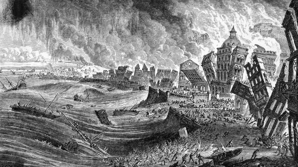 A black-and-white drawing shows old buildings tumbling as the sea rushes in.
