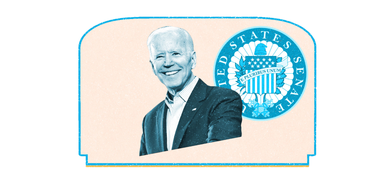 Biden smiling in front of blue senate seal