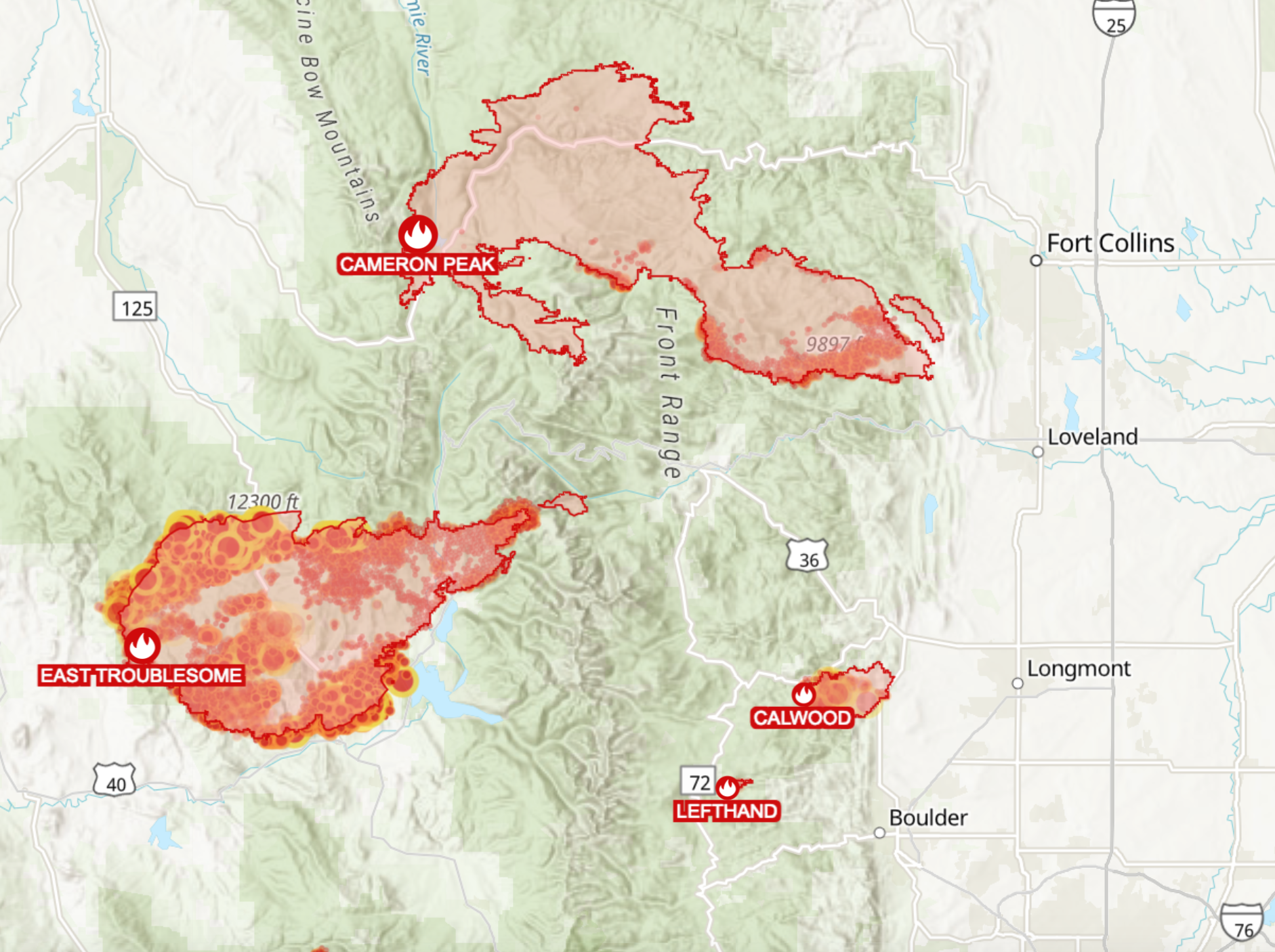 A map of the East Troublesome and Cameron Peak fires