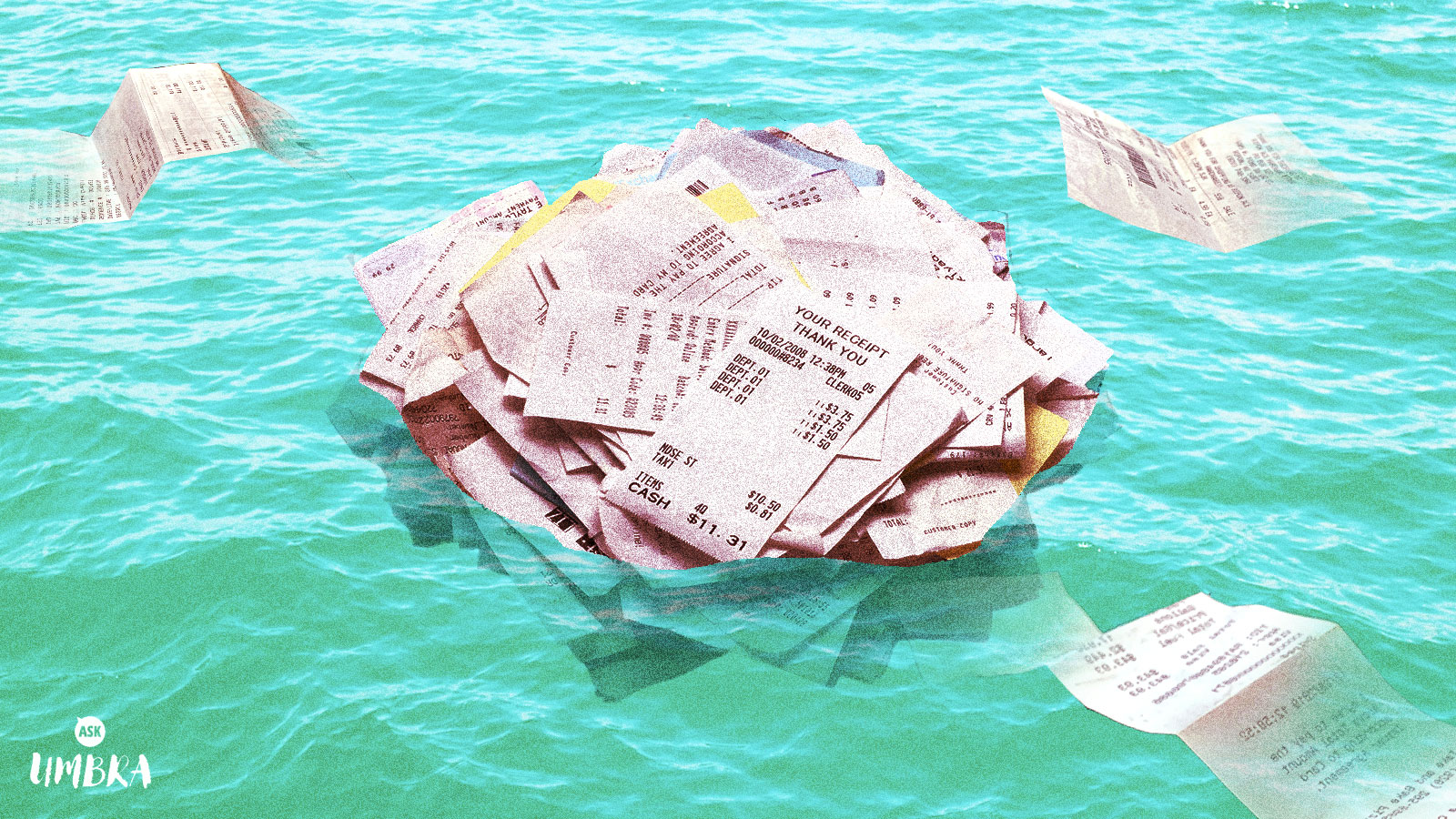 A pile of receipts floating in the ocean