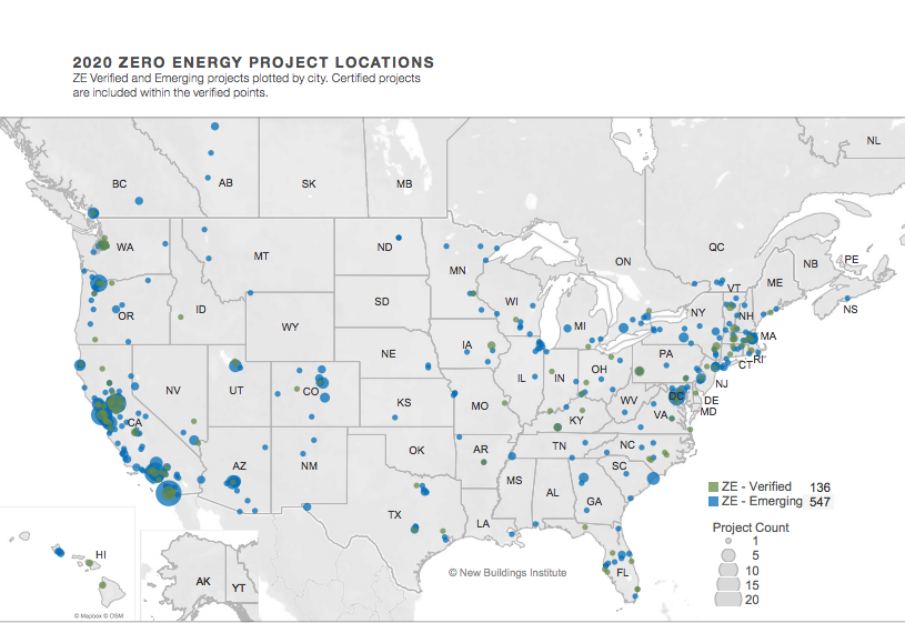 Map showing "zero energy" buildings across the United States.