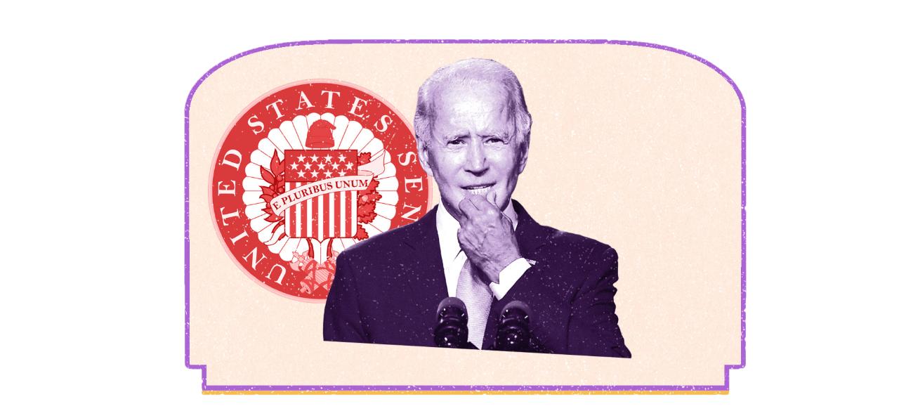 Biden standing in front of red senate seal