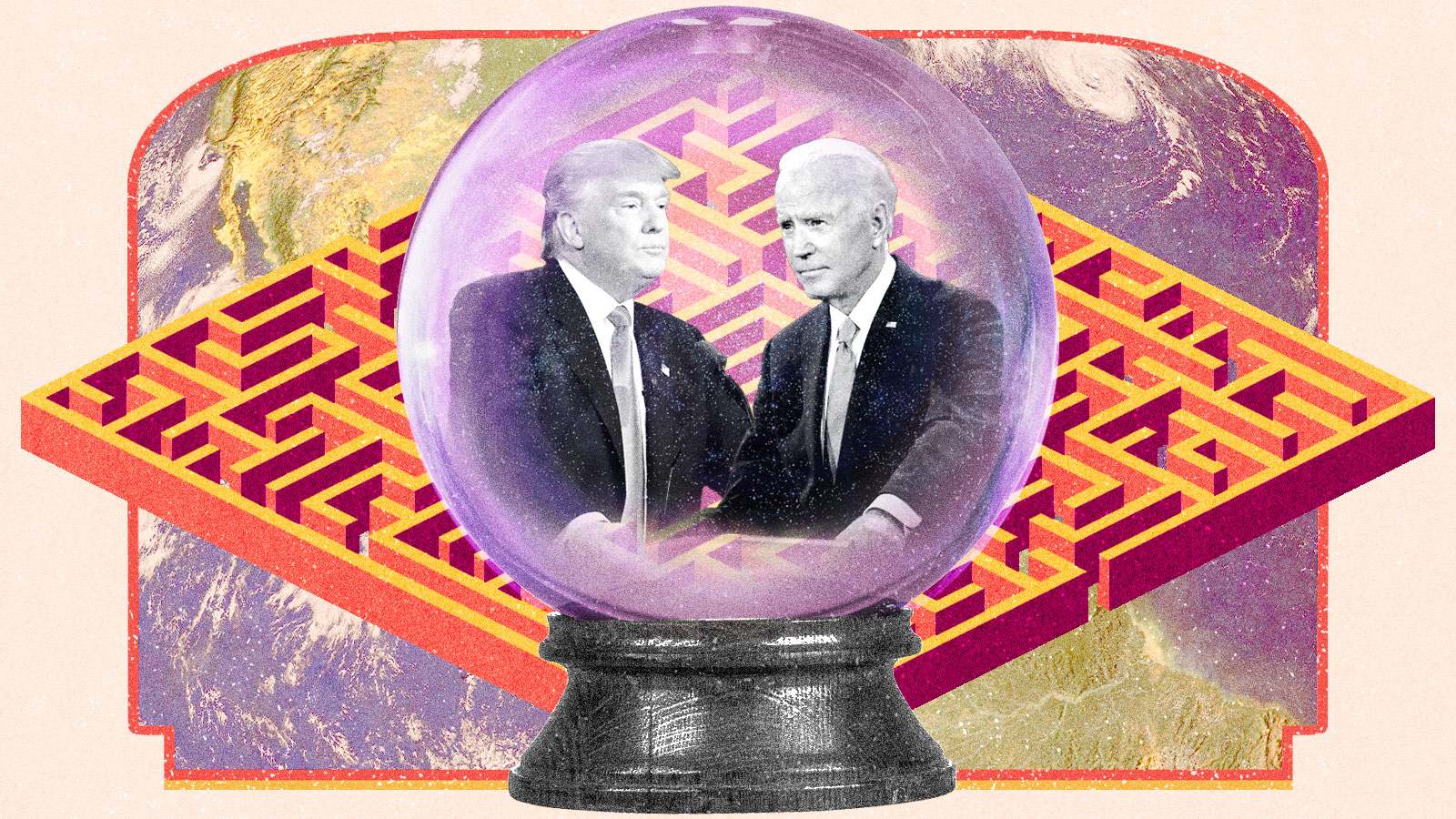 Donald Trump and Joe Biden inside a crystal ball on top of a background of a maze and an earth pattern in the style of the Choose Your Own Adventure books