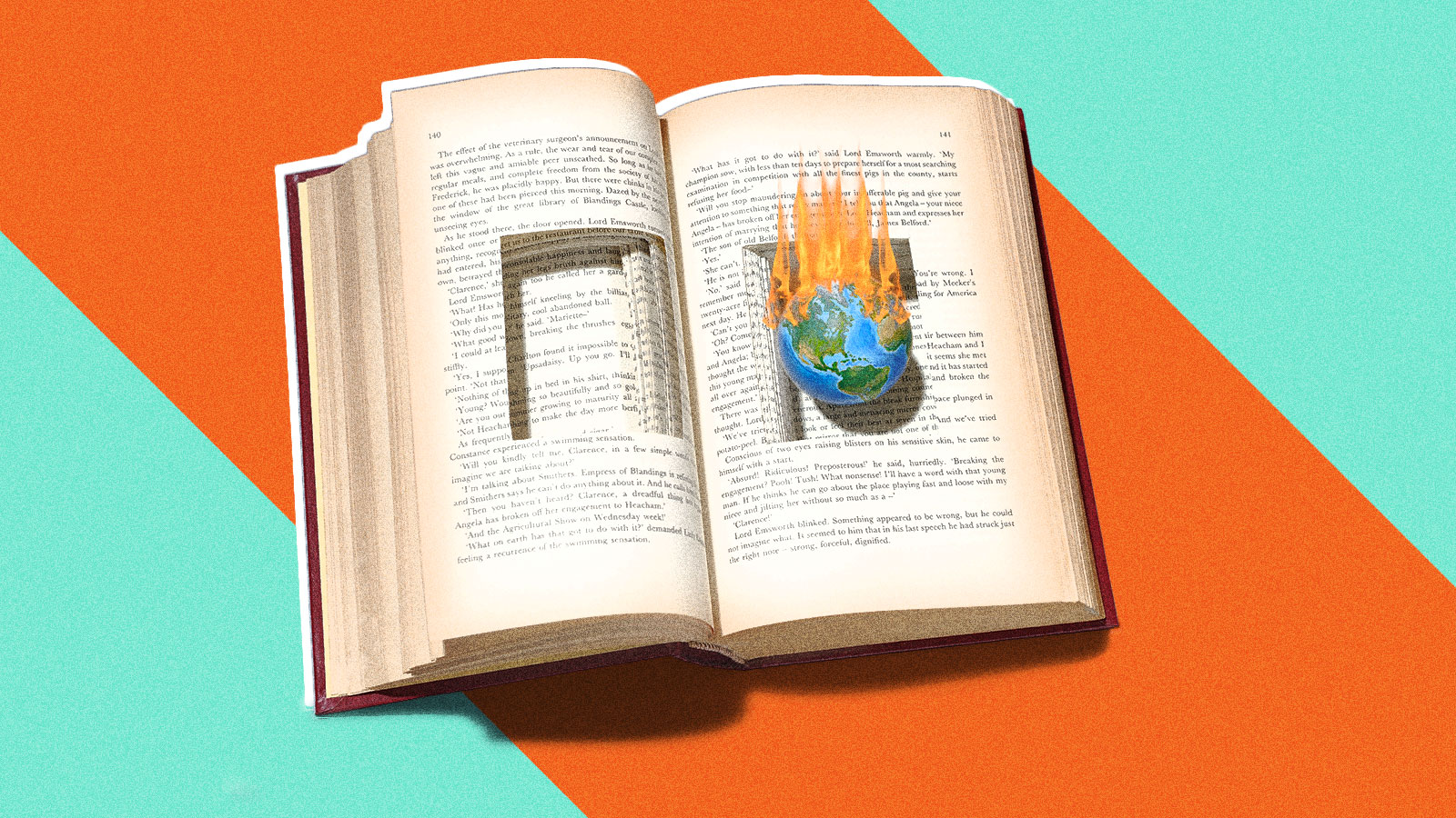 Open book with a small earth on fire in cut out section of the pages