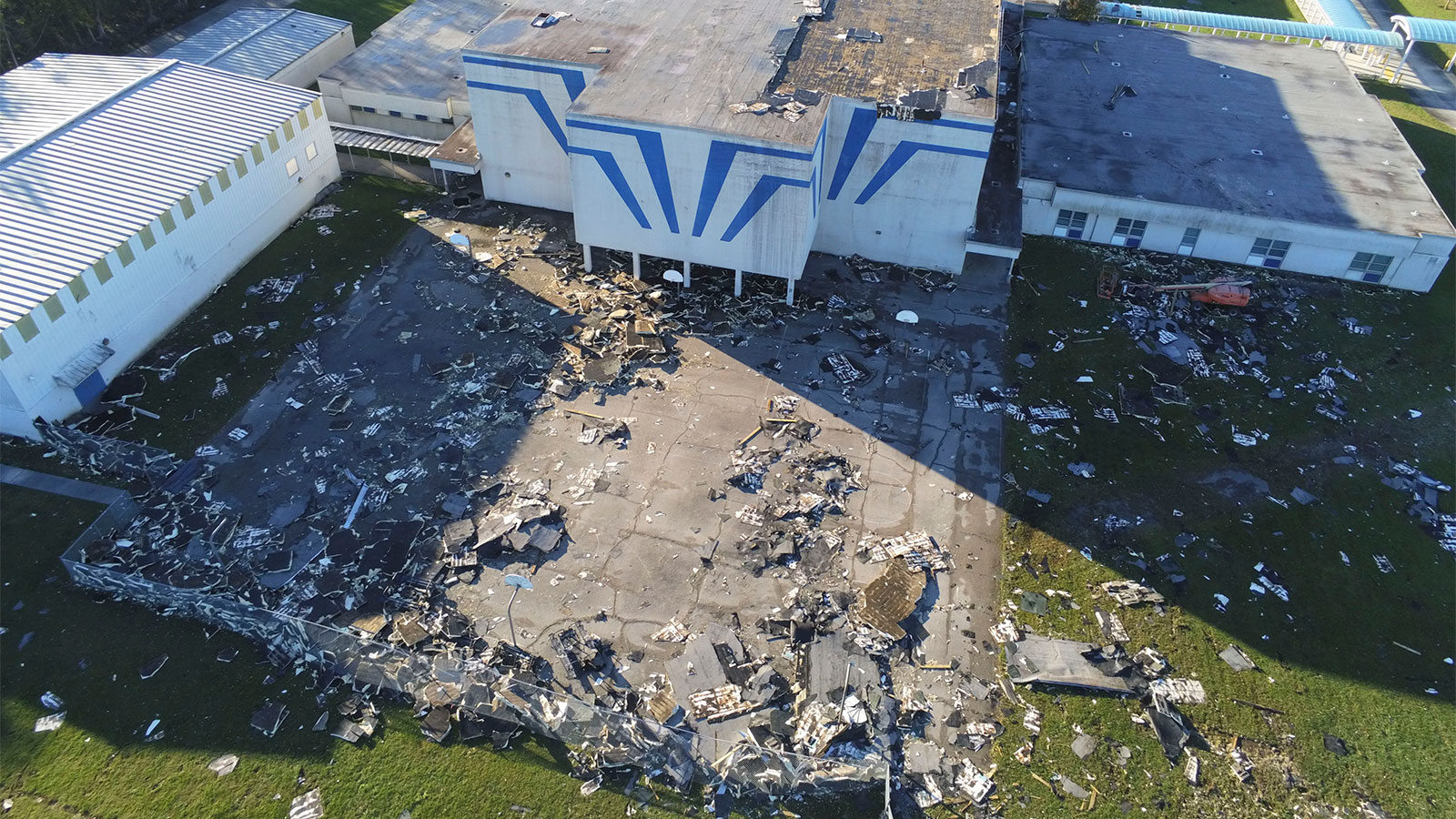 Drone photo of damage to St Bernard Middle School after Hurricane Zeta on October 29, 2020 in St Bernard, Louisiana.