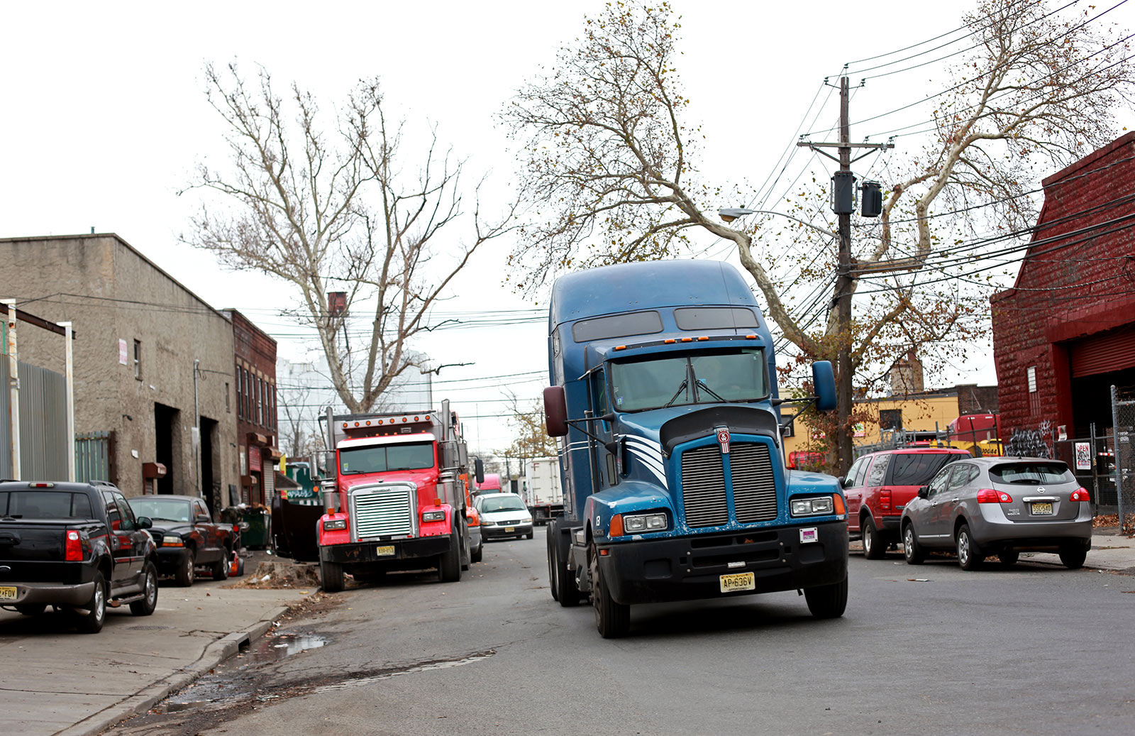 Trucks drive through Newark