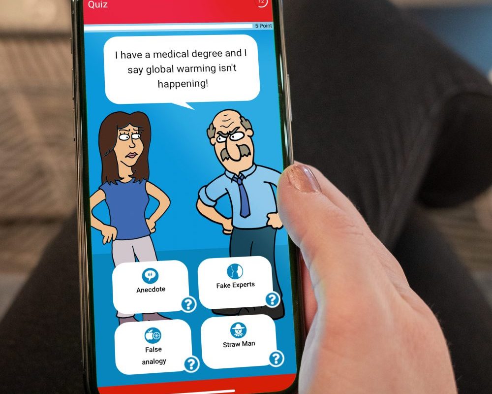 A photo of a phone app showing an old man saying that he has a medical degree and thinks global warming isn't happening.