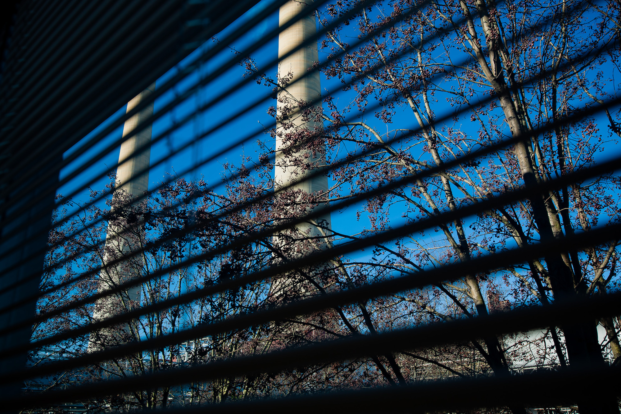 A view through office blinds of the stacks at the TVA Fossil Plant in Kingston, Tennessee.