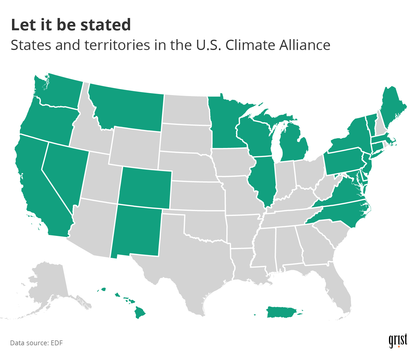 A map showing the states and territories in the U.S. Climate Alliance. Members include many states in the Northeast and on the West Coast, as well as Puerto Rico and Hawaii.