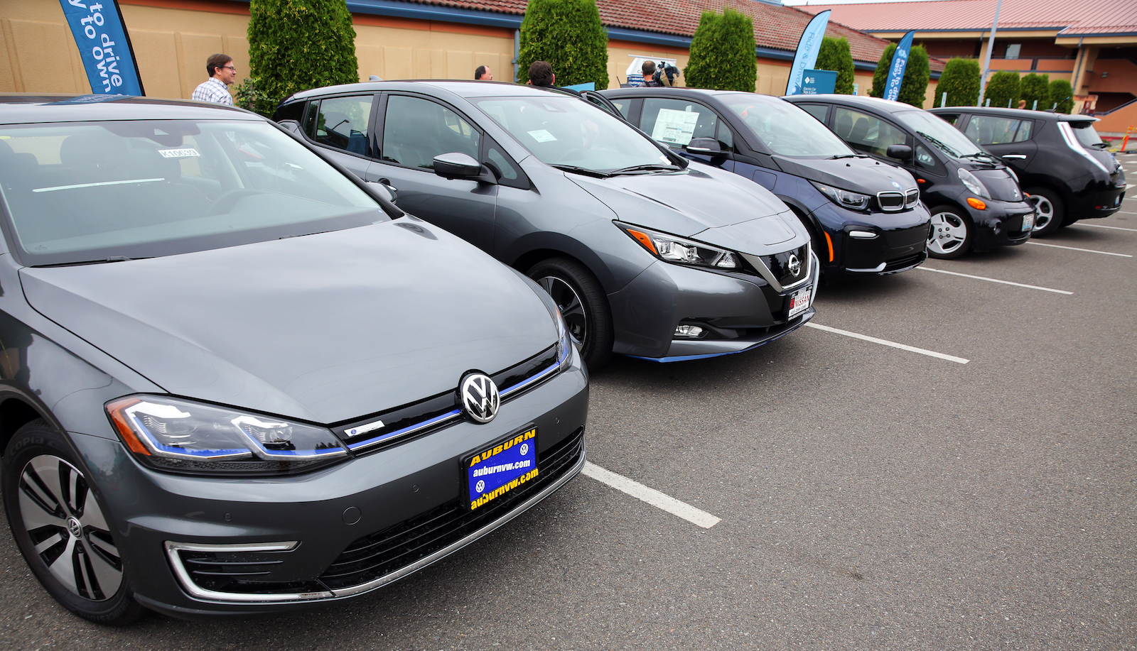 Electric cars lined up for a test drive event in Renton, Washington.