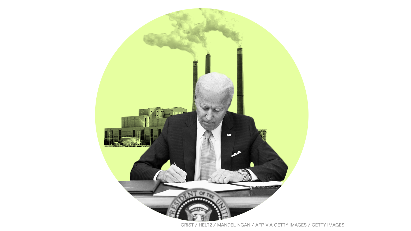 Biden signing a bill against a background of smokestacks.
