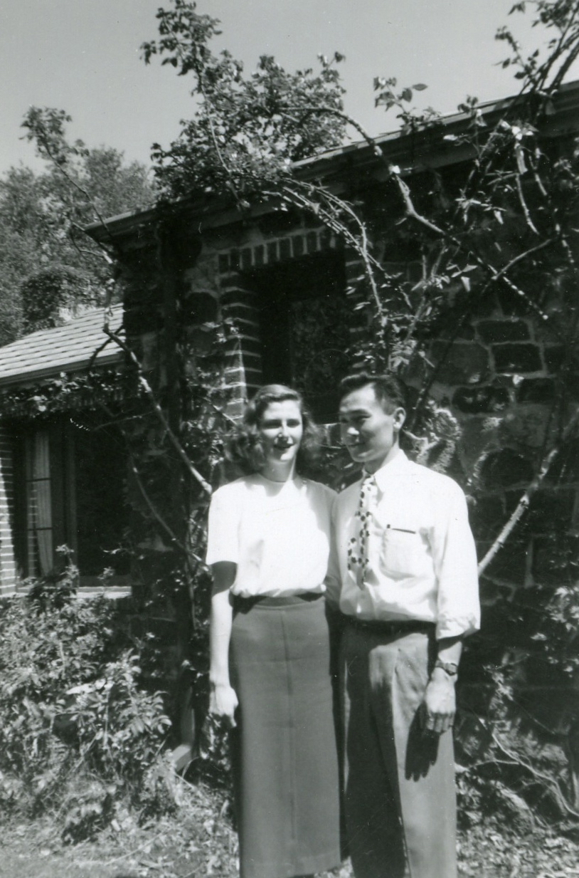 A black and white photo of Dorothy Walker and Joe Kamaya in front of their Berkeley house in 1949