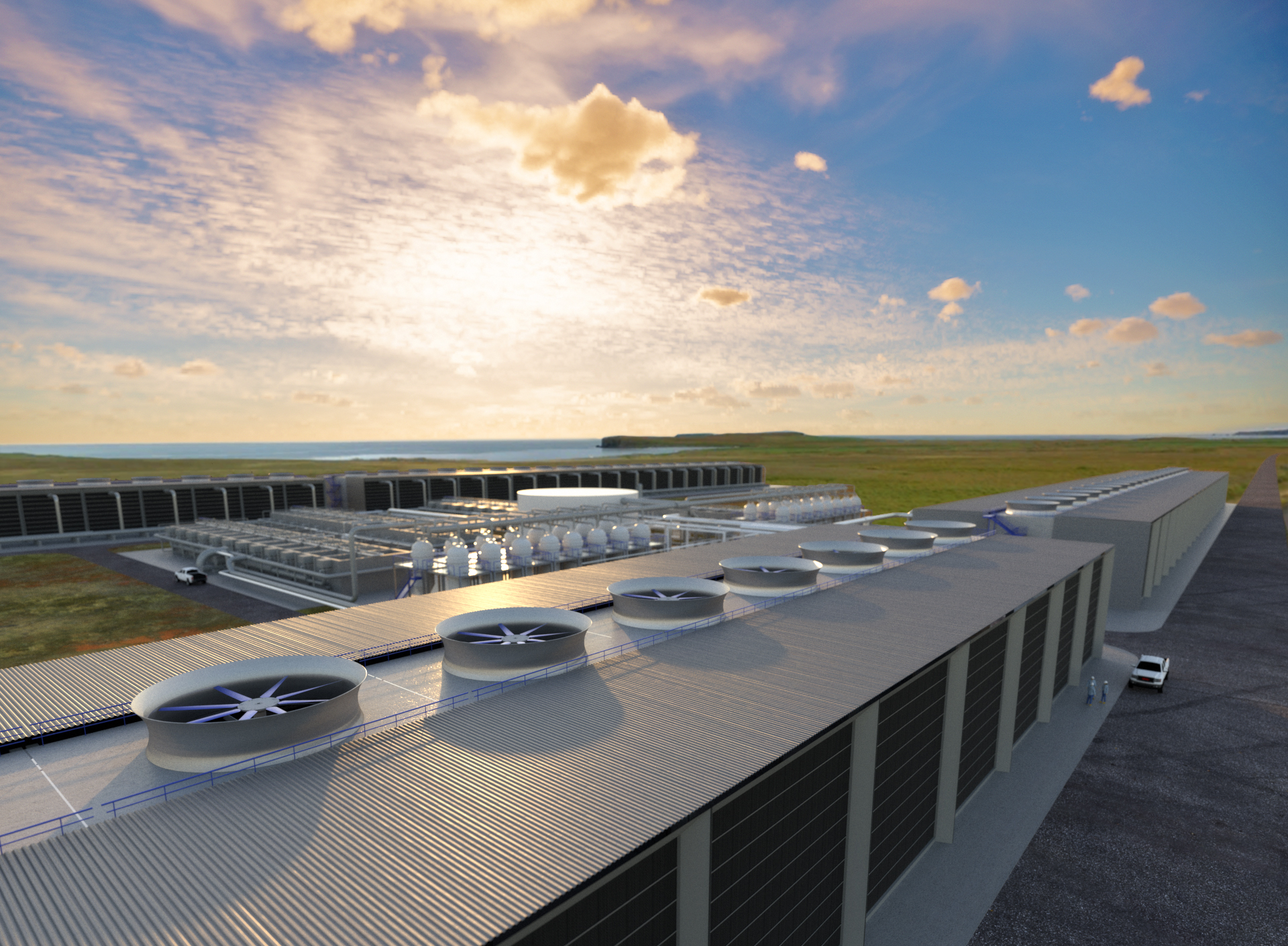 an artist rendering of the direct air capture plant showing a large building with big fans on top