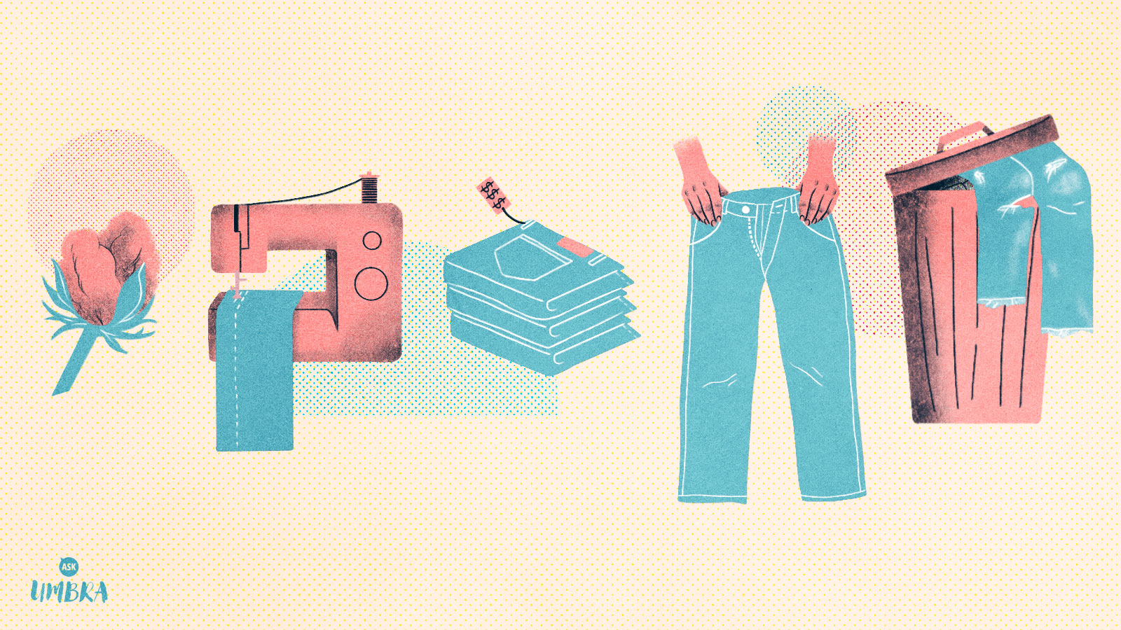 An illustration of (from left to right) a cotton bud, a sewing machine sewing jeans, a stack of jeans with a price tag, a pair of hands holding up jeans, and a garbage can with jeans hanging out of them.