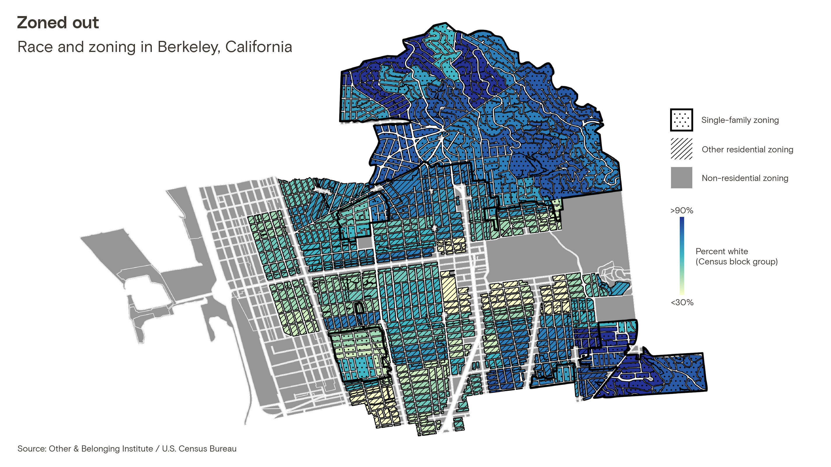A map of Berkeley showing residential zoning categories and race by Census block group (using a blue-green color scale, in which a higher percentage of white people is represented by a darker shade of blue). Single-family zoned areas in the northeast region of the map have a higher percentage of white people than other residential areas in the center of the city.