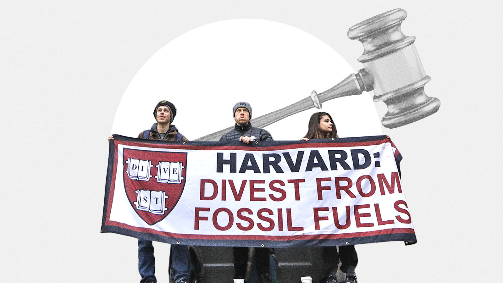 Students protesting Harvard to divest from fossil fuels with a gavel in the background