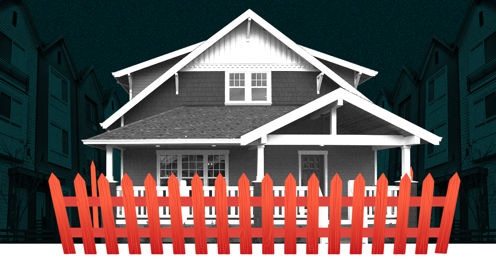 A large house with a red picket fence drawn around it and multi family housing on each side of the image