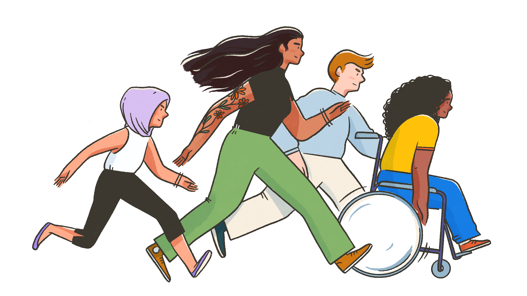 An illustration of a multiracial group of four people moving toward the right side of the frame.