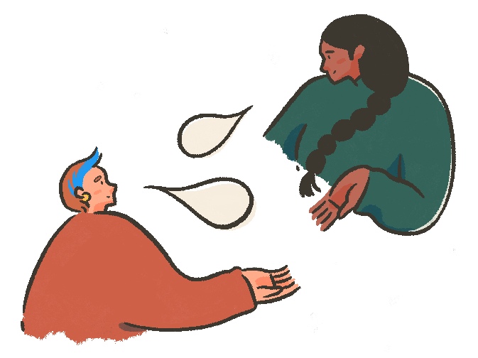 An illustration of two people speaking to one another via speech bubbles.
