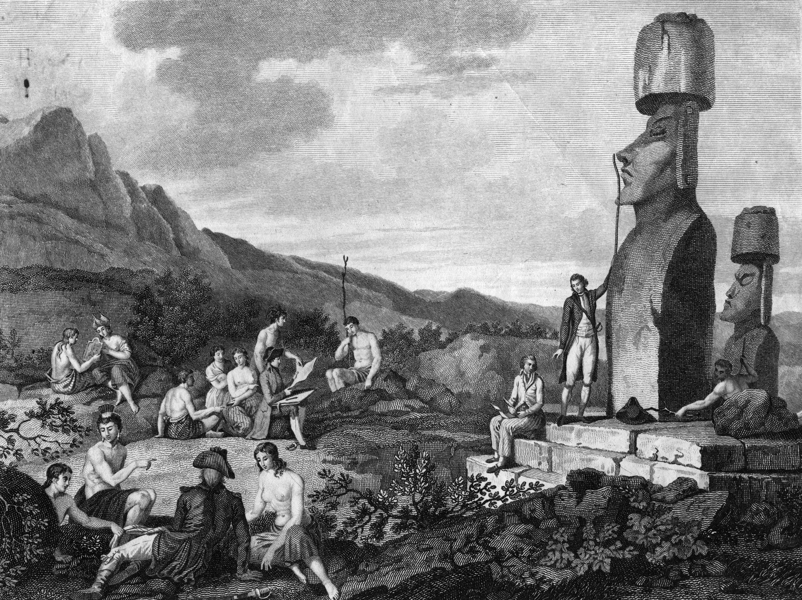A black-and-white illustration shows a man measuring a large head statue as others lounge among rocks and bushes.