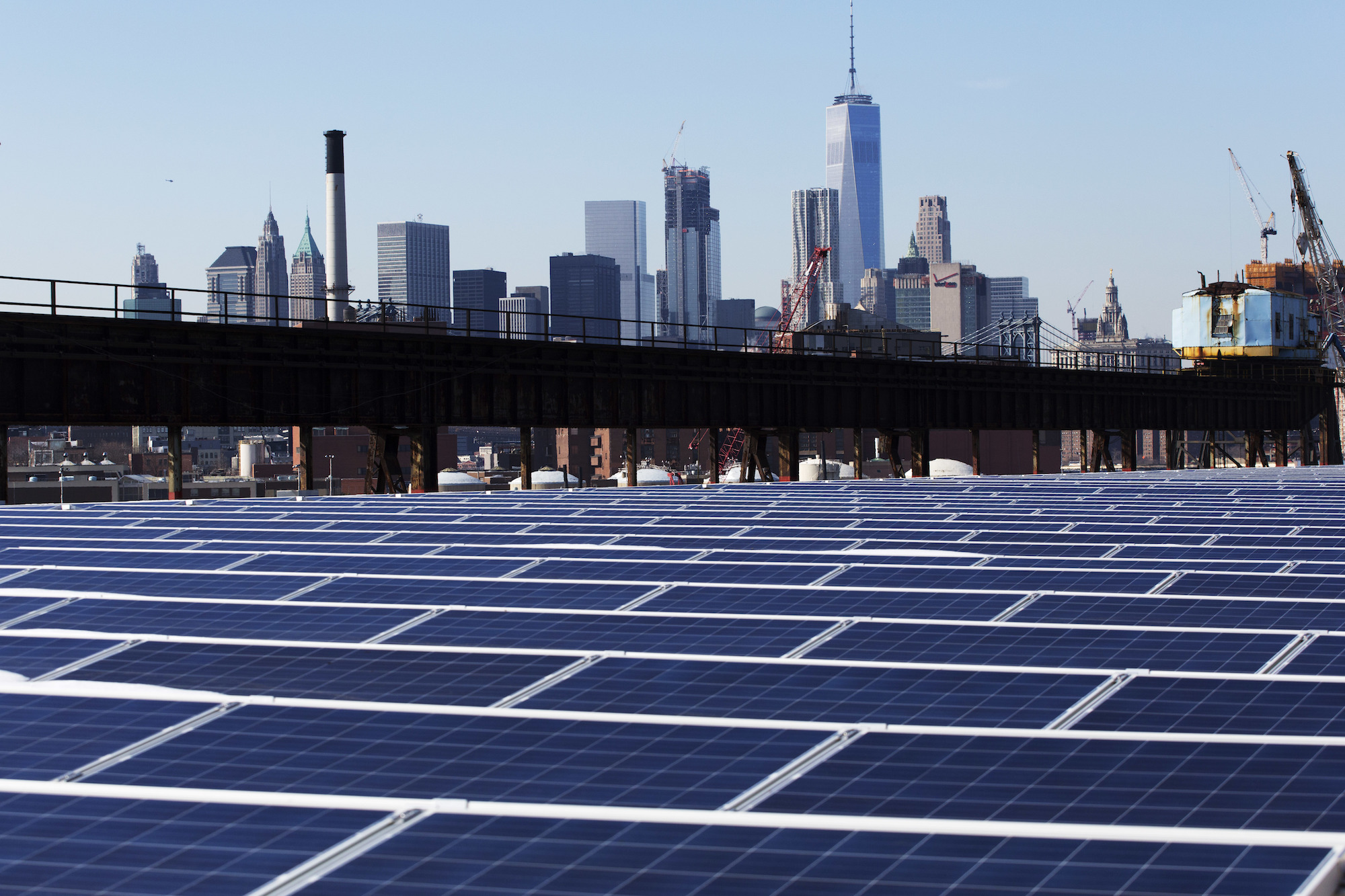 a photo of many rooftop solar panels along the bottom of the image. Above, you can see the Manhattan skyline with man tall skyscrapers.