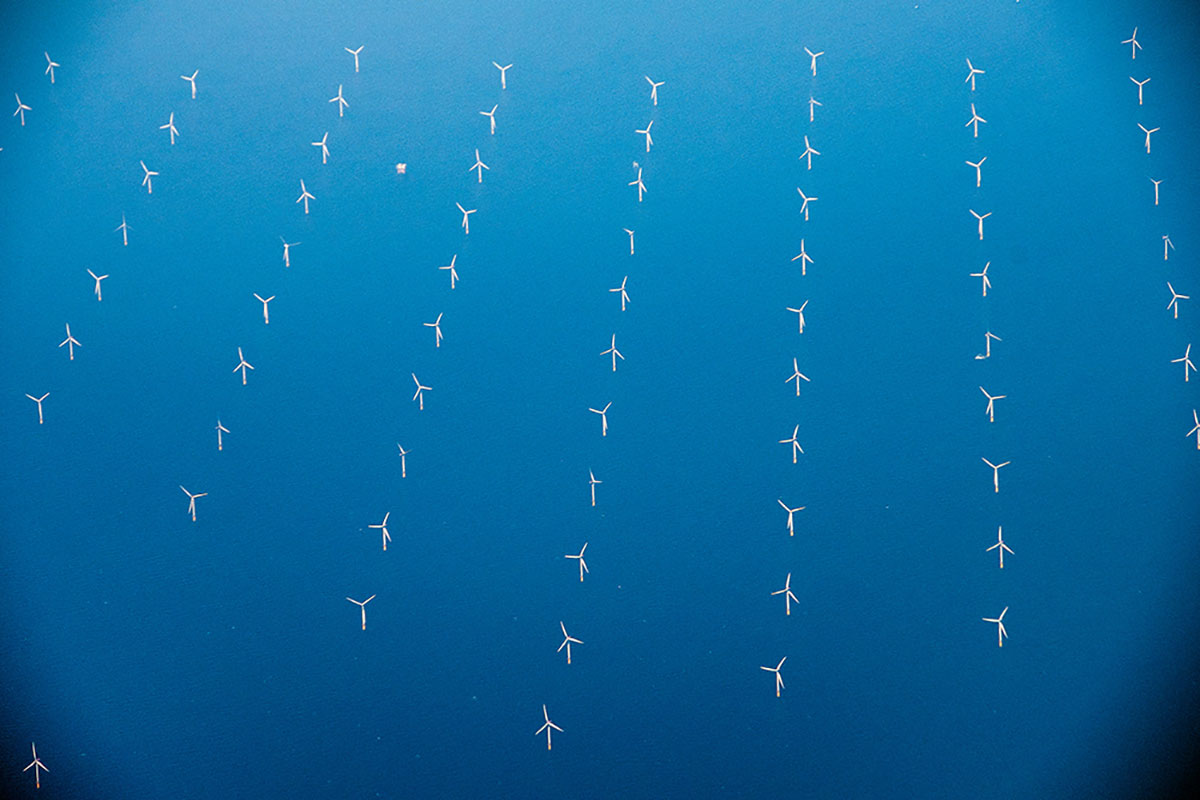 Aerial photo of an offshore wind farm